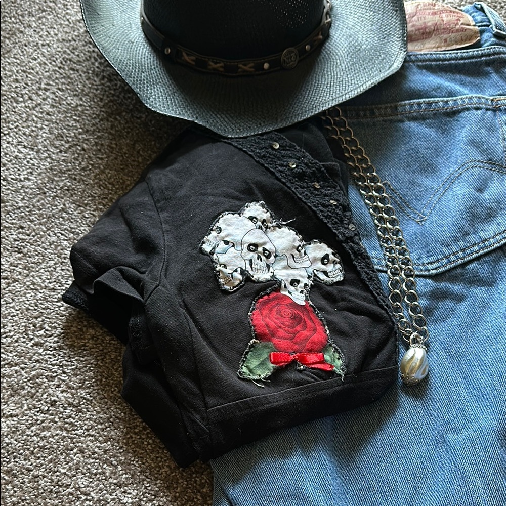 Classic Elements Black Tee with Skull and Rose Embroidery